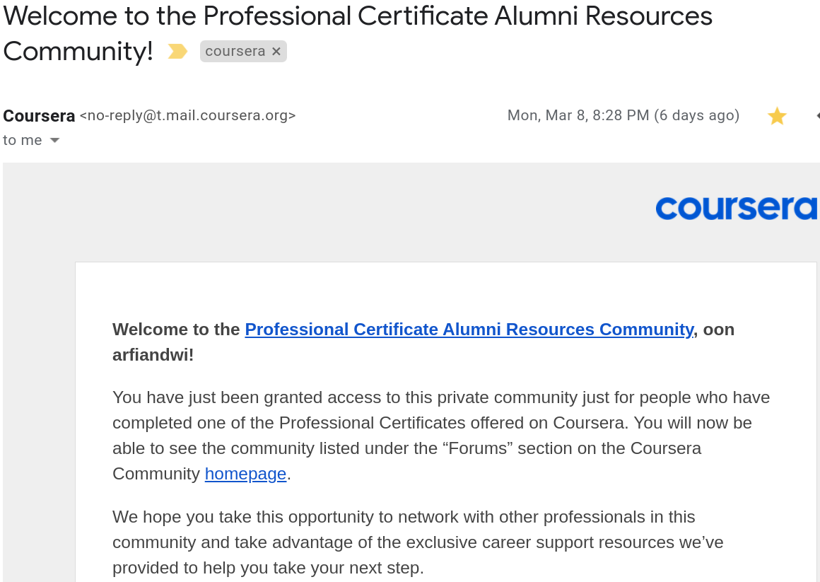 Komunitas Privat Alumni Sertifikat Profesional di Coursera